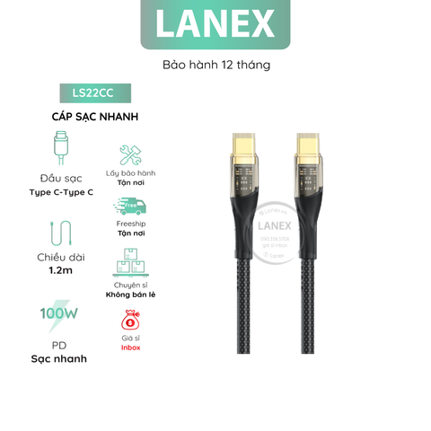 Cáp Sạc Nhanh Lanex Ls22cc Dây Dù Có Led Type C To Type C 6a 100w Dài 1.2m