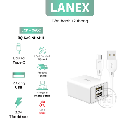 Bộ Sạc Nhanh Lanex Lck - 06cc 2 Cổng Usb Type C 3.0a Dài 1.0m