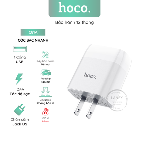 Cóc Sạc Nhanh Hoco C81a 1 Cổng Usb 2.1a