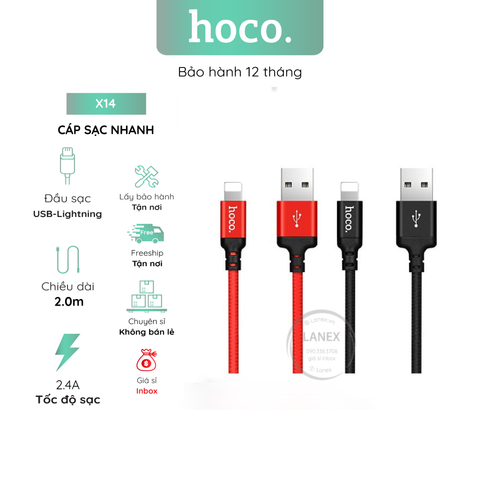 Cáp Sạc Nhanh Hoco X14 Dây Dù Lightning 2.4a Dài 2.0m