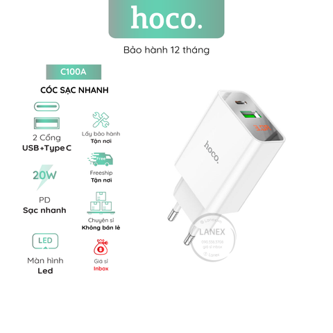 Cóc Sạc Nhanh Hoco C100A 1 Cổng Usb Pd Qc3.0 20w Màn Hình Led