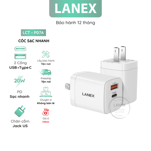 Cóc Sạc Nhanh Lanex Lct - P07a 1 Cổng Usb 1 Cổng Type C 3.0a Pd Qc3.0 20w