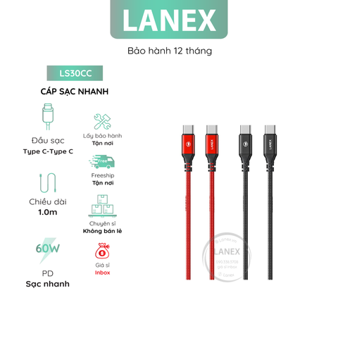 Cáp Sạc Nhanh Lanex Ls30cc Dây Dù Type C To Type C 3.0a 60w Dài 1.0m