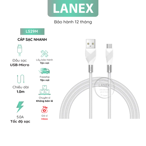 Cáp Sạc Nhanh Lanex Ls29m Dây Dù Micro 5.0a Dài 1.0m