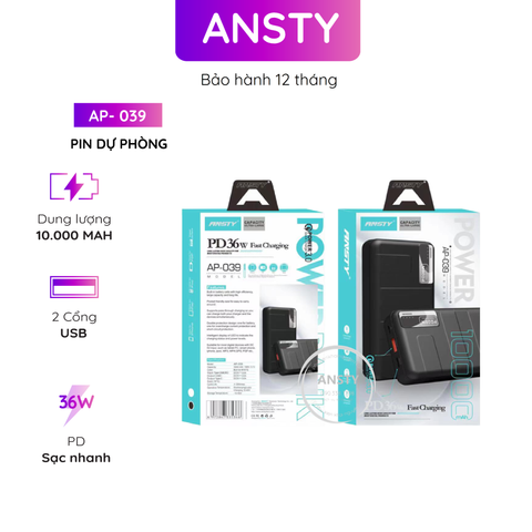 Pin Dự Phòng Ansty Ap - 039 1 Cổng Usb 1 Cổng Type 1 Cổng Miro C PD 36w 10000mah Đèn Led