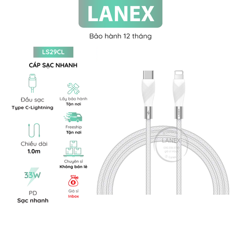 Cáp Sạc Nhanh Lanex Ls29cl Dây Dù Type C To Lightning Pd 33w Dài 1.0m