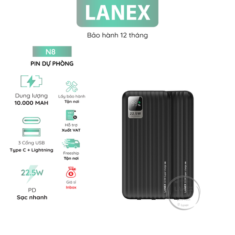 Pin Dự Phòng Lanex N8 2 In 1 ( Type C Lightning ) 1 Type C 1 Lightning 22.5W + PD 20W 10000mAh Màn Hình Led