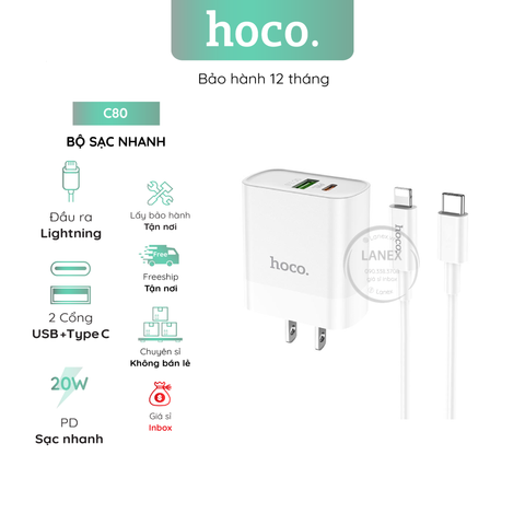 Bộ Sạc Nhanh Hoco C80 1 Cổng Usb Lightning 3.1a Pd Qc3.0 20w Dài 1.0m