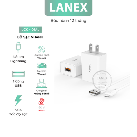 Bộ Sạc Nhanh Lanex Lck - 01al 1 Cổng Usb Lightning 3.0a Dài 1.0m