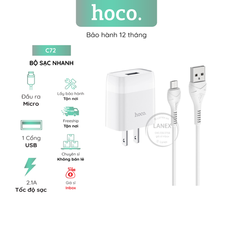 Bộ Sạc Nhanh Hoco C72 1 Cổng Usb Micro 2.1a Dài 1.0m