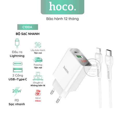 Bộ Sạc Nhanh Hoco C100A 1 Cổng Usb Type C To Lightning 3.0a Pd Qc3.0 20w Màn Hình Led Dài 1.0m