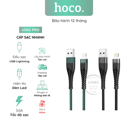 Cáp Sạc Nhanh Hoco Ud02 Pro Dây Dù Có Led Lightning 3.0a Dài 1.0m