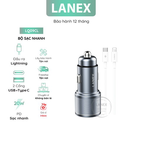 Bộ Sạc Nhanh Lanex Lq09cl Xe Hơi 1 Cổng Usb Lightning 3.0a Pd Qc3.0 20w Dài 1.0m