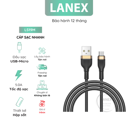 Cáp Sạc Nhanh Lanex Ls19m Dây Dù Hộp Sắt Micro 5a Dài 1.0m