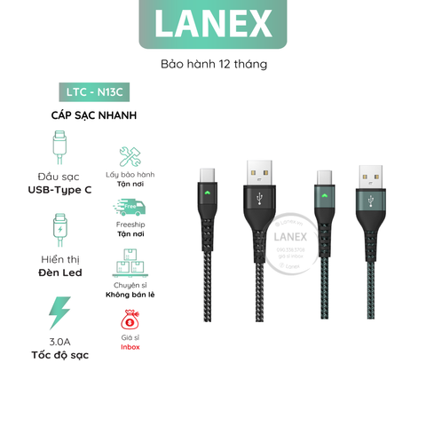 Cáp Sạc Nhanh Lanex Ltc - N13c Dây Dù Có Led Type C 3.0a Dài 1.0m