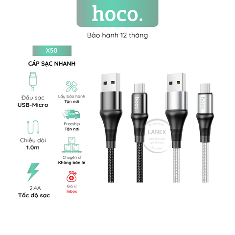 Cáp Sạc Nhanh Hoco X50 Nylon Micro 2.4a Dài 1.0m
