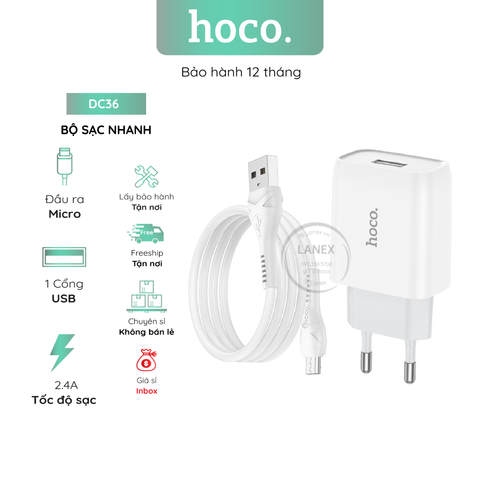 Bộ Sạc Nhanh Hoco Dc36 1 Cổng Usb Micro 2.4a Dài 1.0m