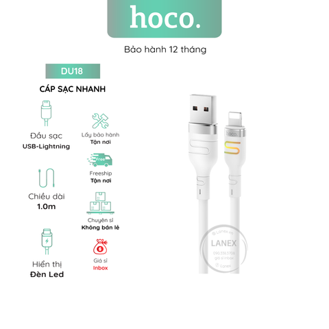 Cáp Sạc Nhanh Hoco Du18 Dây Nhựa Pvc Lightning 3A Dài 1.0m Đèn Led Có Đổi Màu