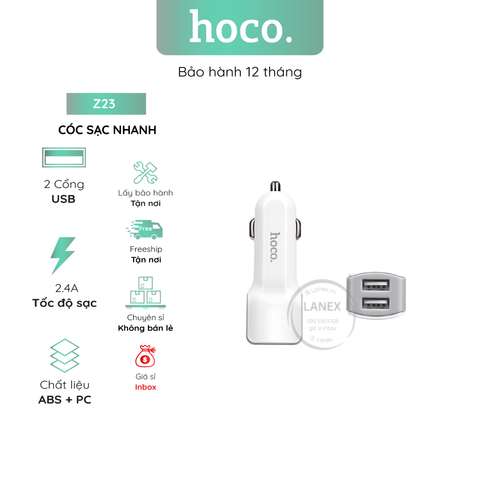 Cóc Sạc Nhanh Hoco Z23 Xe Hơi 2 Cổng Usb 2.4a