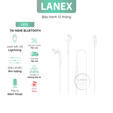 Tai Nghe Bluetooth Lanex - Le03 2 Bên Có Dây Tpe Jack Lightning Có Mic Dài 1.2m