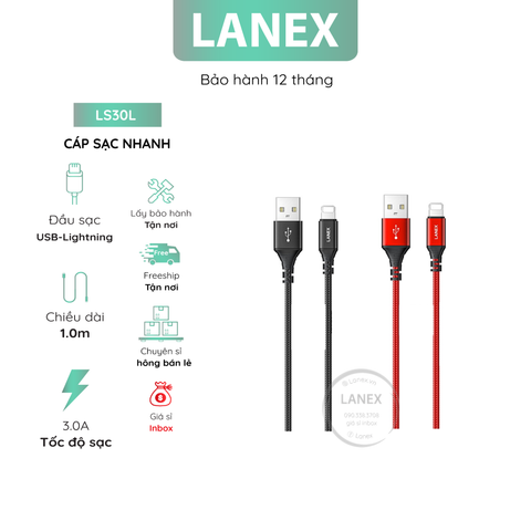 Cáp Sạc Nhanh Lanex Ls30l Dây Dù Lightning 3.0a Dài 1.0m