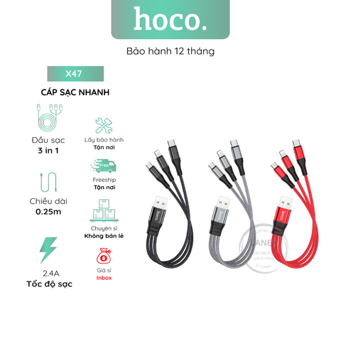 Cáp Sạc Nhanh Hoco X47 Dây Dù 2.4a 3 In 1 Dài 25cm