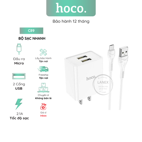 Bộ Sạc Nhanh Hoco C89 2 Cổng Usb Micro 2.1a Dài 1.0m