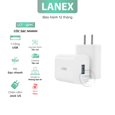 Cóc Sạc Nhanh Lanex Lct - Q04c 1 Cổng Usb 3.0a Qc3.0 18w