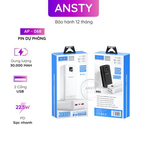 Pin Dự Phòng Ansty Ap - 068 2 Cổng Usb 1 Cổng Type PD 22.5W + 20W 30000mAh Màn Hình Led