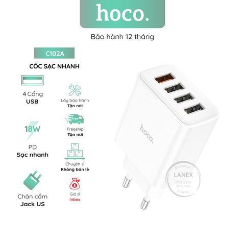 Cóc Sạc Nhanh Hoco C102a 4 Cổng Usb Qc3.0 18w