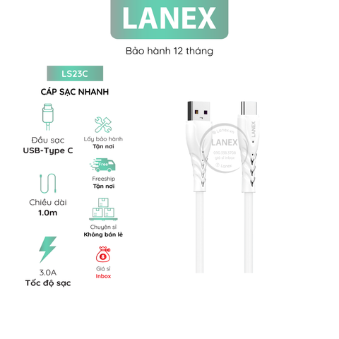 Cáp Sạc Nhanh Lanex Ls23c Nhựa Pvc Type c 3.0a Dài 1m ( Hộp 30 Cái / Giá 1 Cái )