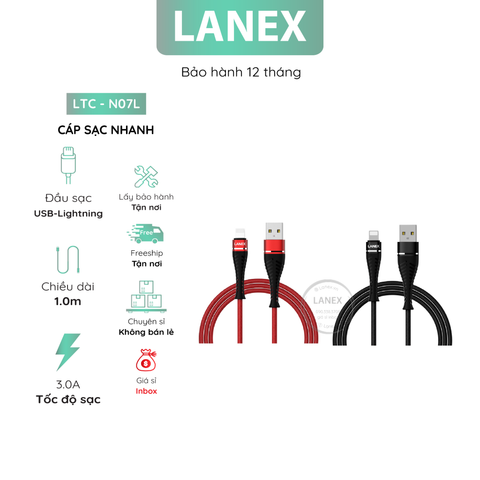 Cáp Sạc Nhanh Lanex Ltc - N07l Dây Dù Lightning 3.0a Dài 1.0m