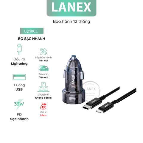 Bộ Sạc Nhanh Lanex Lq10cl Xe Hơi Nhựa Trong Suốt 1 Cổng Usb Lightning 3.0a Pd Qc3.0 33w Dài 1.0m