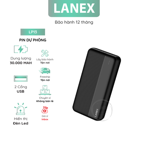 Pin Dự Phòng Lanex Lp13 Polymer A+ 2 Cổng Usb 2.1a 30000mah Đèn Led