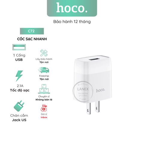 Cóc Sạc Nhanh Hoco C72 1 Cổng Usb 2.1a