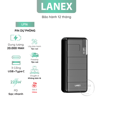 Pin Dự Phòng Lanex Lp16 Abs + 2 Cổng Usb 1 Cổng Type C 3.0a Pd Qc3.0 22.5w 20000mah Đèn Led