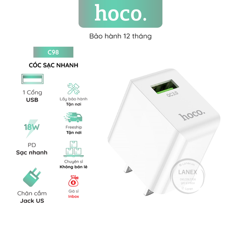 Cóc Sạc Nhanh Hoco C98 1 Cổng Usb Qc3.0 18w