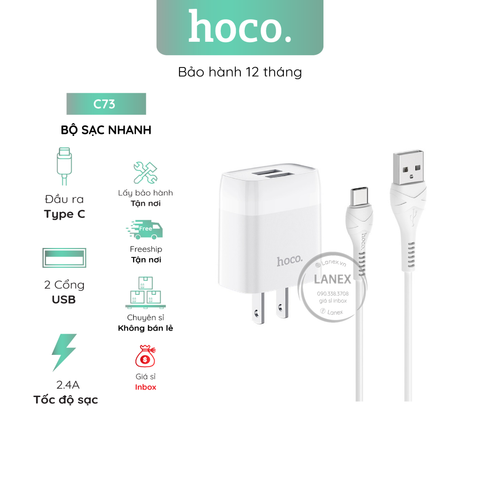 Bộ Sạc Nhanh Hoco C73 2 Cổng Usb Type C 2.4a Dài 1.0m