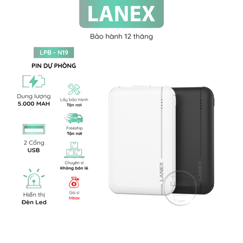 Pin Dự Phòng Lanex Lpb - N19 Polymer A+ 2 Cổng Usb 2.1a 5000mah Đèn Led