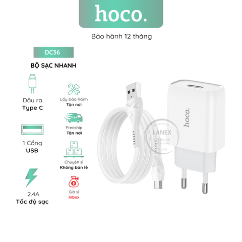 Bộ Sạc Nhanh Hoco Dc36 1 Cổng Usb Type C 2.4a Dài 1.0m