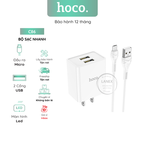 Bộ Sạc Nhanh Hoco C86 2 Cổng Usb Micro 2.4a Màn Hình Led