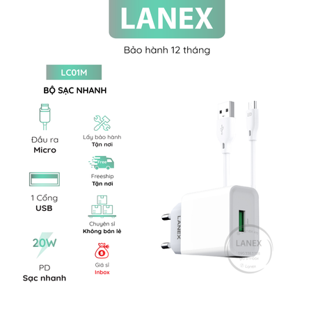 Bộ Sạc Nhanh Lanex Lc01m 1 Cổng Usb Micro Pd Qc3.0 20w Dài 1.0m