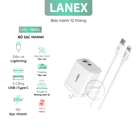 Bộ Sạc Nhanh Lanex Lck - 16acl 1 Cổng Usb 1 Cổng Type C To Lightning Pd Qc3.0 20w Dài 1.5m