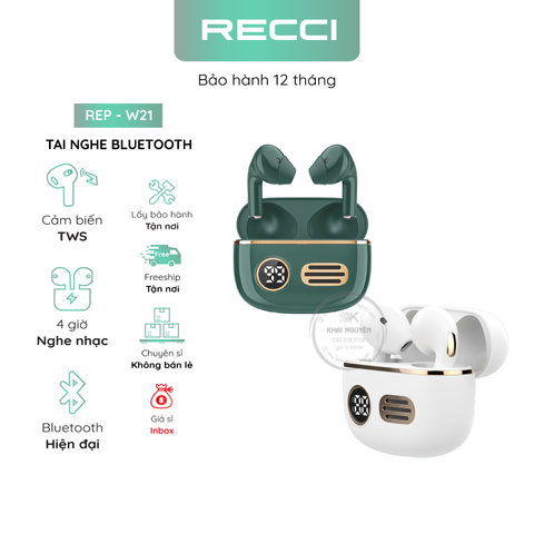 Tai Nghe Bluetooth Recci Rep - W21 Cảm Ứng 2 Bên Tws V5.0 Có Mic Định Vị Chuyên Dùng Iphone Hiển Thị Màn Hình Led Hộp Sạc