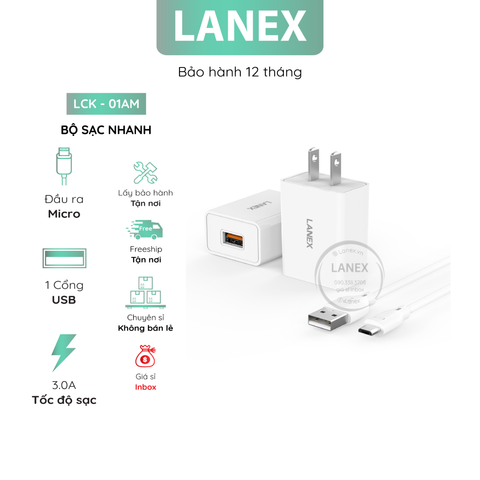 Bộ Sạc Nhanh Lanex Lck - 01am 1 Cổng Usb Micro 3.0a Dài 1.0m