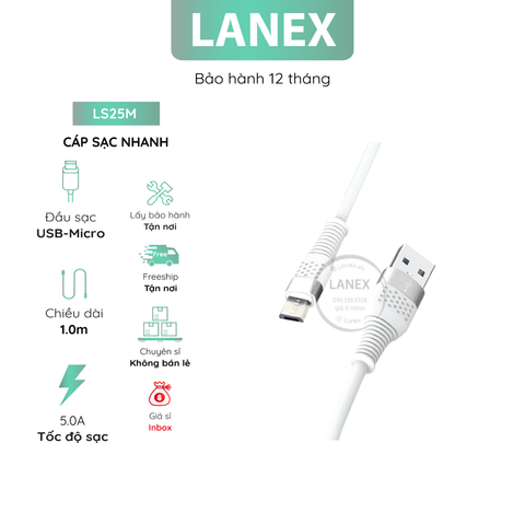 Cáp Sạc Nhanh Lanex Ls25m Nhựa Silicon Micro 5.0a Dài 1.0m