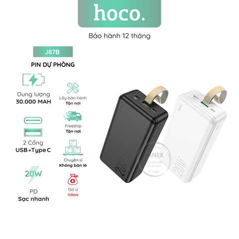 Pin Dự Phòng Hoco J87b Polymer 1 Cổng Usb 1 Cổng Type C Pd Qc3.0 20w 30000mah Đèn Led