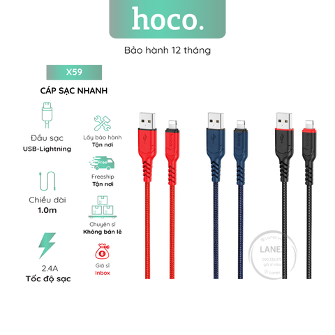 Cáp Sạc Nhanh Hoco X59 Nylon Lightning 2.4a Dài 1.0m