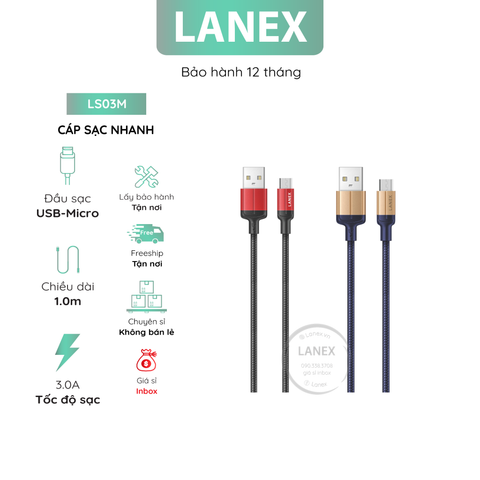 Cáp Sạc Nhanh Lanex Ls03m Dây Dù Micro 3.0a Dài 1.0m