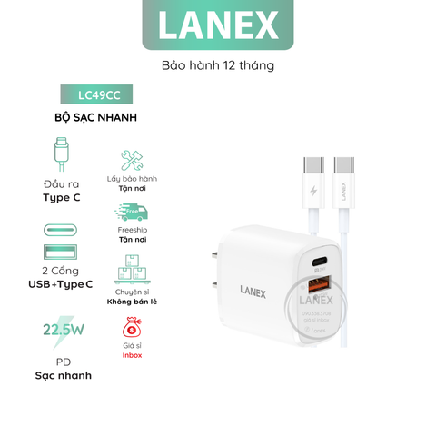 Bộ Sạc Nhanh Lanex Lc49cc 1 Cổng Usb 22.5w 1 Cổng Type C To Type C Pd 20w